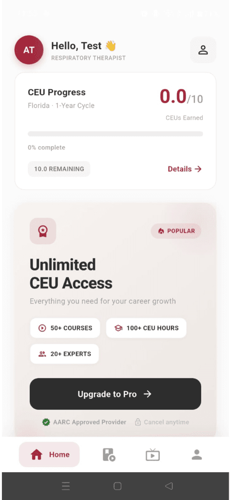A&T Respiratory App Home Dashboard
